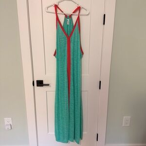 Turquoise Inca Maxi Dress Beach Coverup with Red Multicolor Peruvian Woven Trim